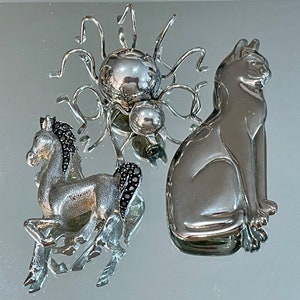 SILVER BROOCHES - Egyptian Cat Sitting in Profile; Large Silver Daddy Long Legs Spider; JOEL Silver Prancing Pony Marcasite Mane Tail