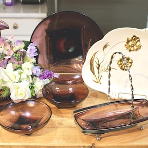 Retro Hazel Atlas Colony Amethyst Glass Serving Bowl Rectangular & Round Small Bowls, Metal Holder; Bischoff Vase; Royal Winton Flower Plate