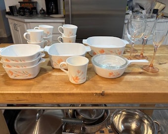 VINTAGE CORNINGWARE - Pastel Peach Floral Set - Mugs, Casserole Dishes & Skillet with Lid Made in USA