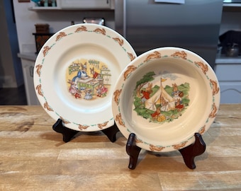 VINTAGE BUNNYKINS - Royal Doulton Bone China - Happy Families - Bowls, Plates & Egg Cup; Silver Plate Baby Cutlery - Fork, Spoon and Pusher