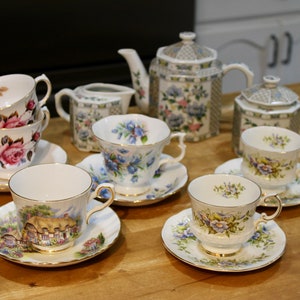 Tea Sets - Japan Hexagon; Royal Albert, Elizabethan, Royal Vale & Stafford in English Cottage, Pink Roses, Blue Blossom and Morning Glories