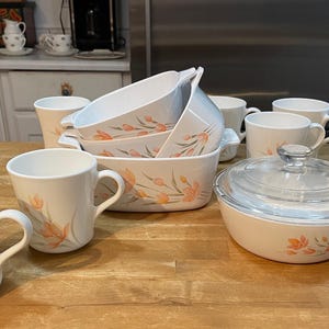 Retro Kitchen - Corning Ware Pastel Peach Floral Set - Mugs, Casseroles & Skillet USA; Corelle Wildflower Orange Blue Teacup and Saucer Sets