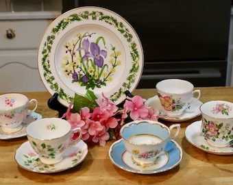 Floral English Bone China Tea Party by Royal Worcester, Foley, Crown & Royal Vale in Purple, Green, Baby Blue, Pink, Green, Gold and White