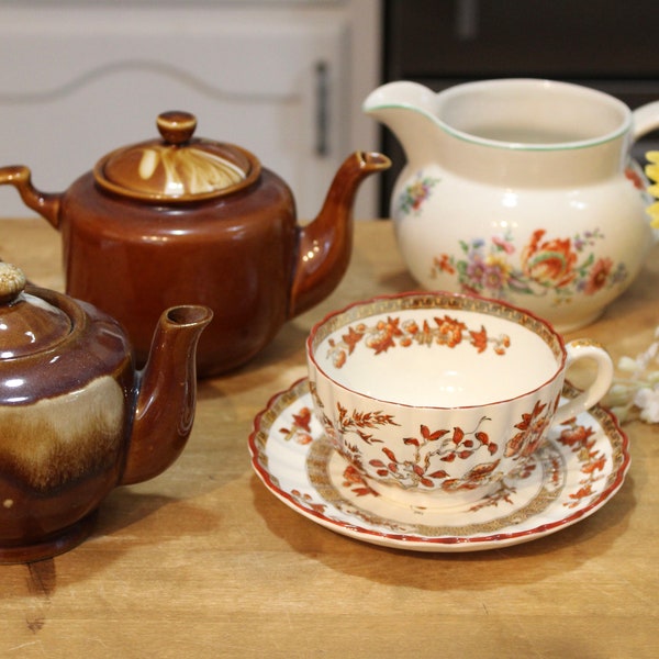 Tea Party & Antiques - Teacup Saucer Copeland Spode India Tree; Brown Teapot Japan China; B C M Pitcher; Nippon Grape Vine Leaf Cream Sugar