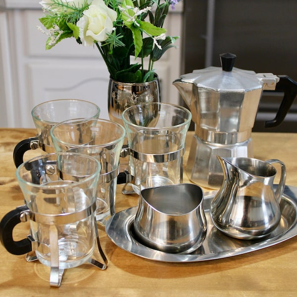 Chambord Metal Sleeves French Duralex Glass Inserts; Italian Pezzetti Stovetop Espresso Pot; Japanese Ekco Eterna Creamer & Sugar Bowl