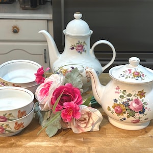 VINTAGE ENGLISH GERMAN 70s Coffee Tea Sets - Spring Floral Rose Porcelain - Sadler Teapot; Jlmenau  Pot & Salad Bowls; Colditz C P Plates