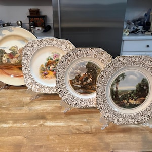 May include: Four decorative plates with landscape scenes. The plates are displayed on clear stands on a wooden surface. The plates have gold trim and feature images of cottages, trees, and water. The plates are of varying shapes and sizes.
