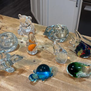 VINTAGE ANIMAL GLASS Votive Candles, Paperweights - Sleeping Cat, Noble Polar Bear, Teddy Bear, Turtle, Dog Hound, Fish, Whale & Elephant