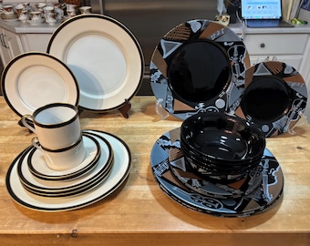 VINTAGE DINNERWARE 1980s French Glass Arcoroc Stringed Musical Instrument, Fitz Floyd Montmartre & Mikasa Teacups Saucers Dinner Side Plates