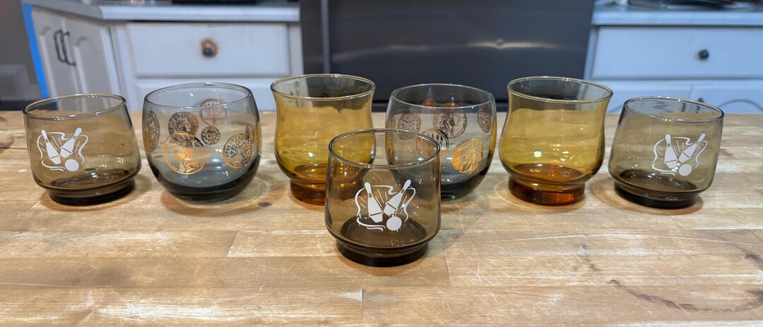 80s Retro Glassware - Smoky Grey Roly Poly Golden Roman Coin; Bowling ...