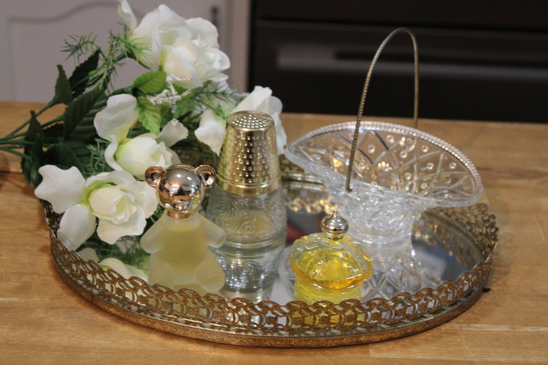 AVON Perfume Bottles Golden Thimble Golden Teddy Bear Basket With