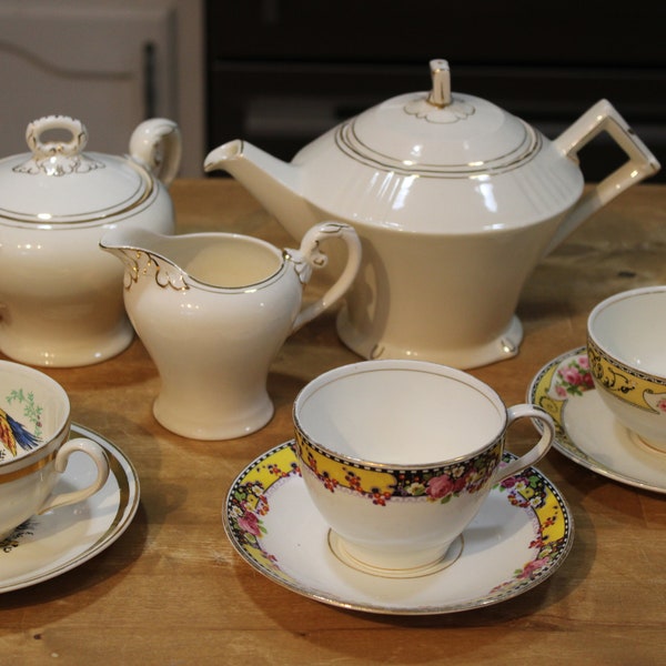 English Tea Party Art Deco Myott Cream Gold Teapot, Creamer and Sugar Bowl; Teacups & Saucers - Salon Bone China; W. H. Grindley; Pareek