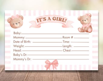 Baby Girl Hospital Crib Card: Teddy Bear Theme (Printable)