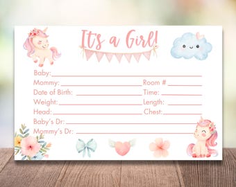Baby Girl Hospital Crib Card: Unicorn Theme (Printable)