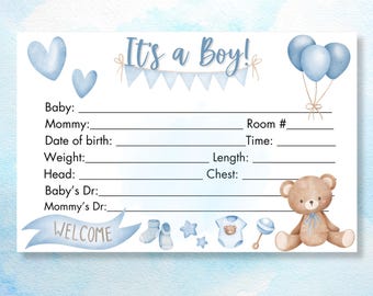 Baby Boy Birth Stats Card: Hospital Crib Sign (Printable)