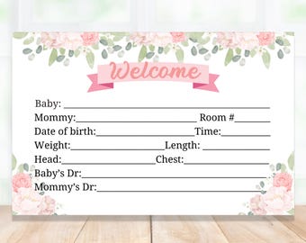 Baby Girl Hospital Crib Card: Floral Newborn Stats (Digital Download)