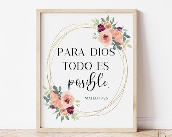 Spanish Biblical Print,Matthew 19:26, Spanish Printable Quote, Bible Spanish Verse, Spanish Home Decor, Printable Wall Art