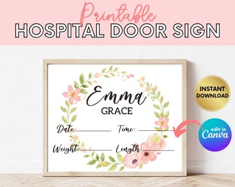 Baby Girl Hospital Door Sign: Floral Wreath, Birth Stats (Digital Download)