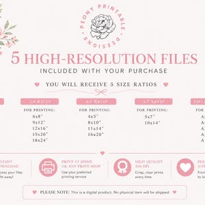 May include: A digital art print advertisement with a soft pink background. The text includes "5 HIGH-RESOLUTION FILES" and size ratios for printing, such as 4x6 inches, 8x12 inches, and A5, A4, A3, A2, A1. A floral design is in the upper left corner.