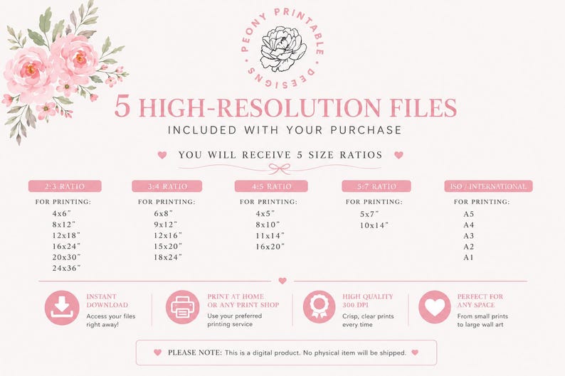 May include: A digital art print advertisement with a soft pink background. The text includes "5 HIGH-RESOLUTION FILES" and size ratios for printing, such as 4x6 inches, 8x12 inches, and A5, A4, A3, A2, A1. A floral design is in the upper left corner.