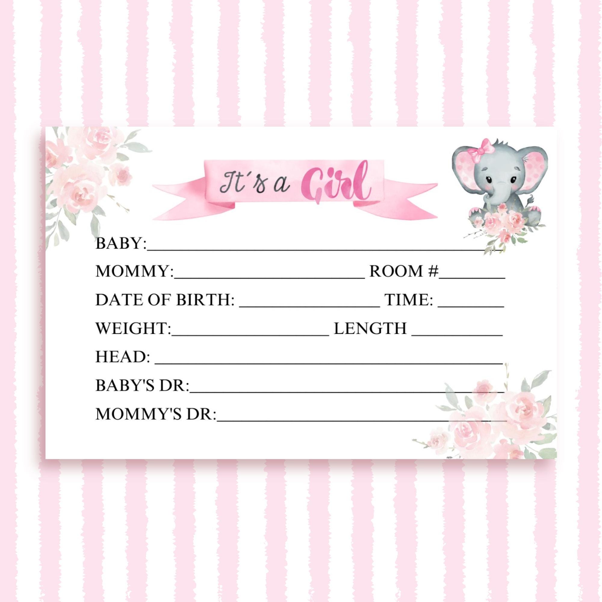 Baby Girl Hospital Crib Card: Floral Elephant Printable (digital ...