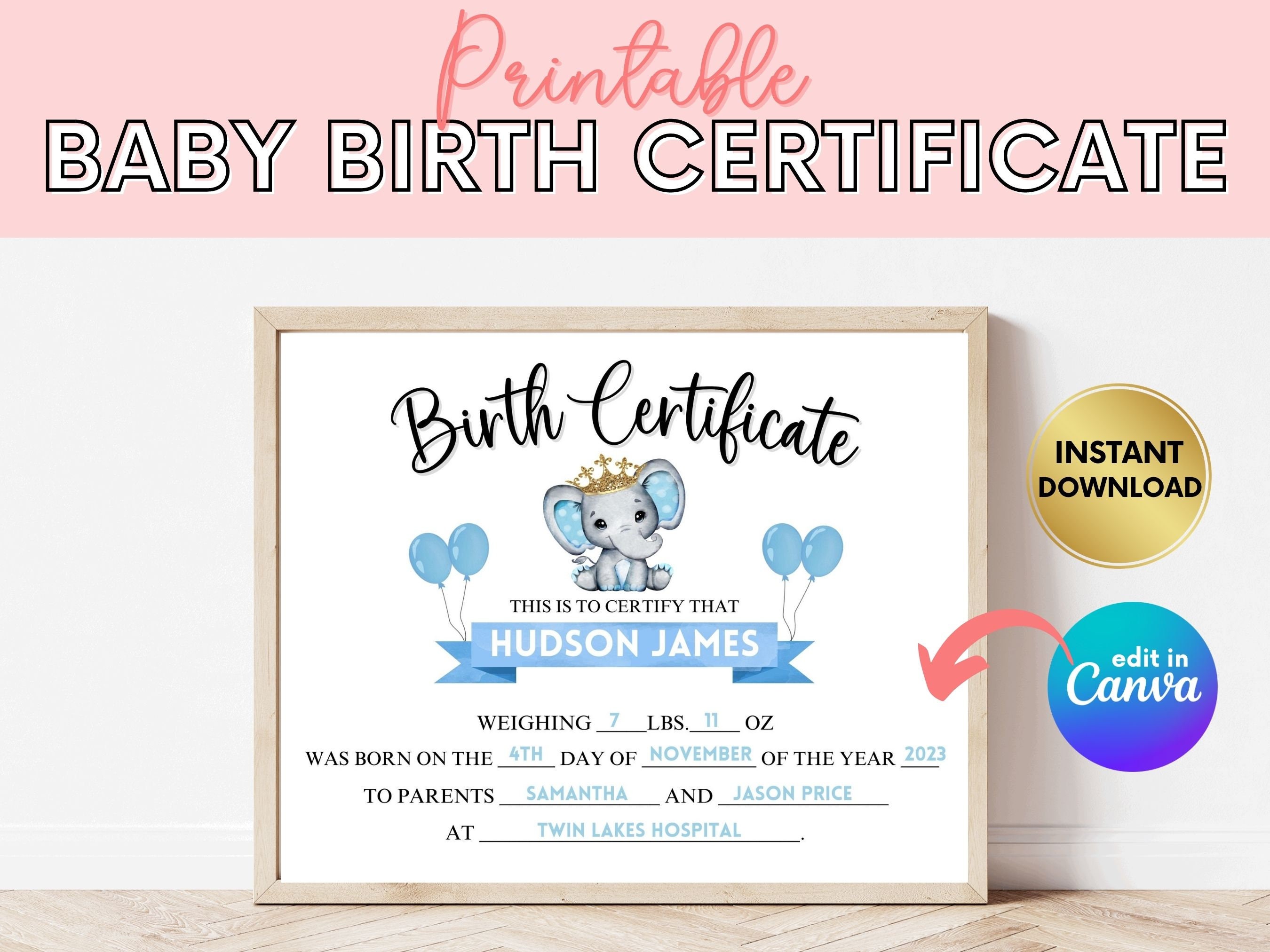 Printable Baby Birth Certificate Baby Boy Certificate Etsy