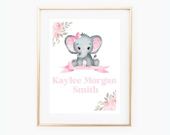 Baby Girl Name Announcement Card: Elephant Floral Design (Digital Download)