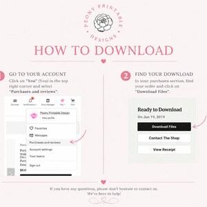 May include: A pink and white graphic with instructions on how to download a digital product. The text reads "How to Download" with numbered steps. Step 1: Go to your account and select "Purchases and reviews". Step 2: Find your download and click "Download Files".