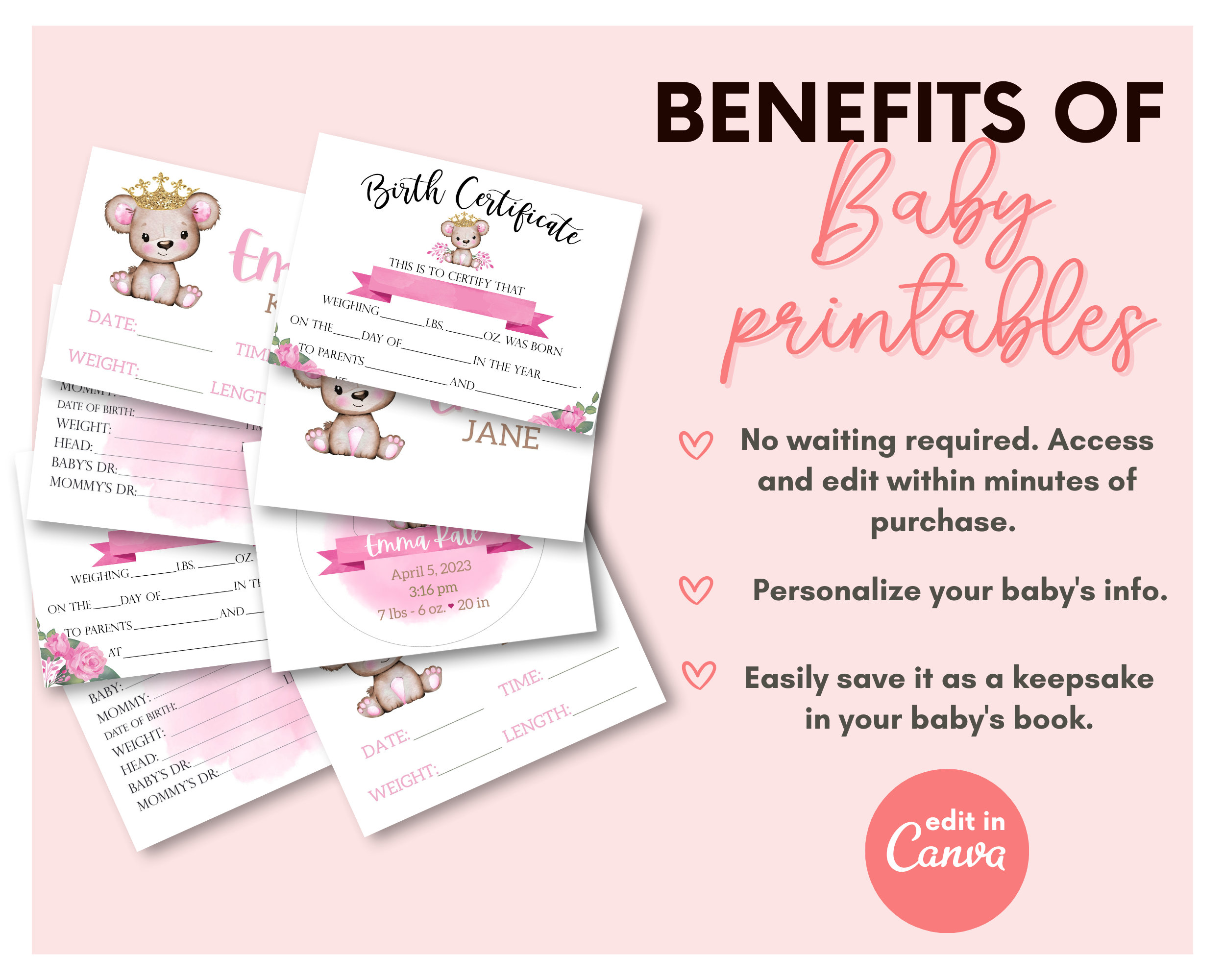 Printable Baby Birth Certificate, Baby Girl Certificate, Newborn ...