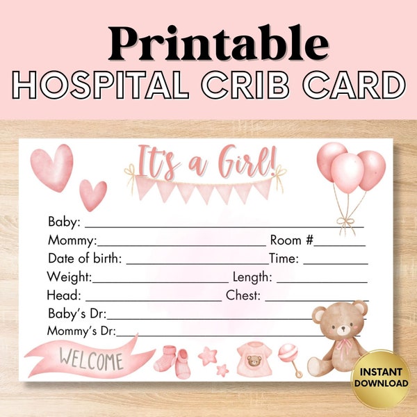 Hospital Crib Card, Baby Girl Name Card, NICU Name Card, Printable Name Card, Hospital Name Sign, Health Crib Card