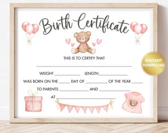 Printable Baby Girl Birth Certificate: Keepsake Certificate (Digital Download)