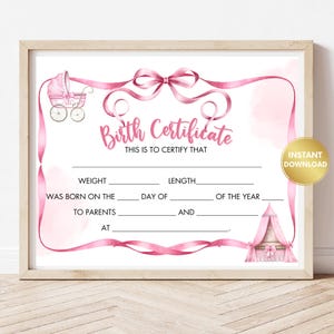 Certificado de nacimiento imprimible, certificado de niña, certificado de recién nacido, certificado personalizado