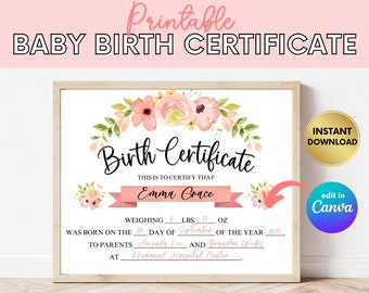 Printable Baby Birth Certificate, Baby Girl Certificate, Newborn Certificate, Custom Certificate