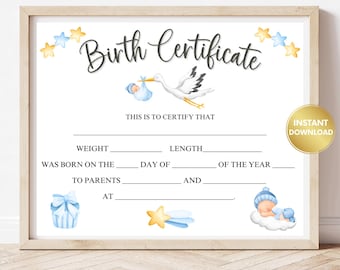 Printable Baby Boy Birth Certificate: Keepsake Certificate (Digital Download)
