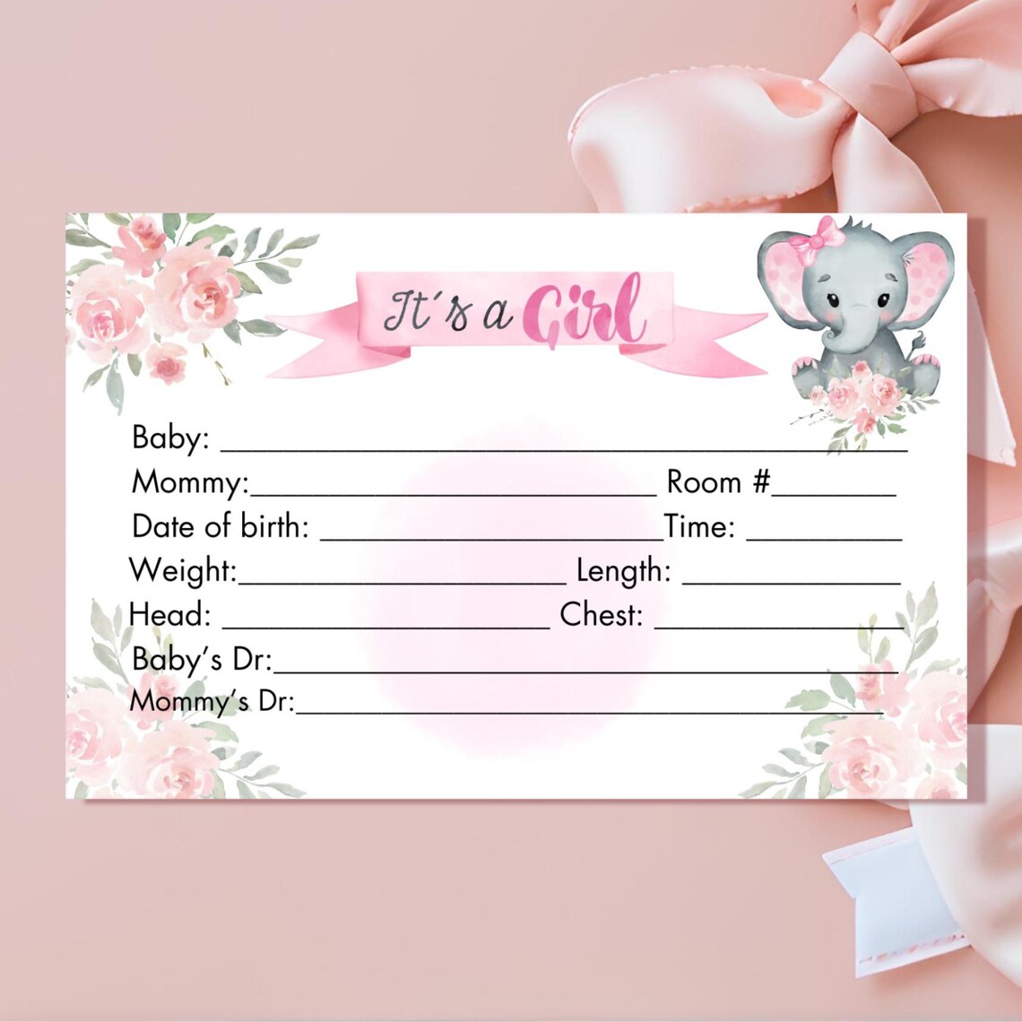 Baby Girl Hospital Crib Card: Floral Elephant Printable (digital ...