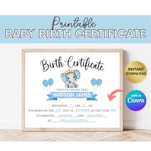 Certificato di nascita del bambino stampabile, certificato del neonato, certificato neonato, certificato personalizzato