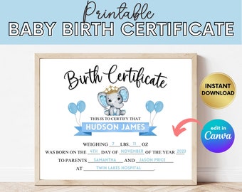 Printable Baby Boy Birth Certificate: Keepsake Gift (Digital Download)