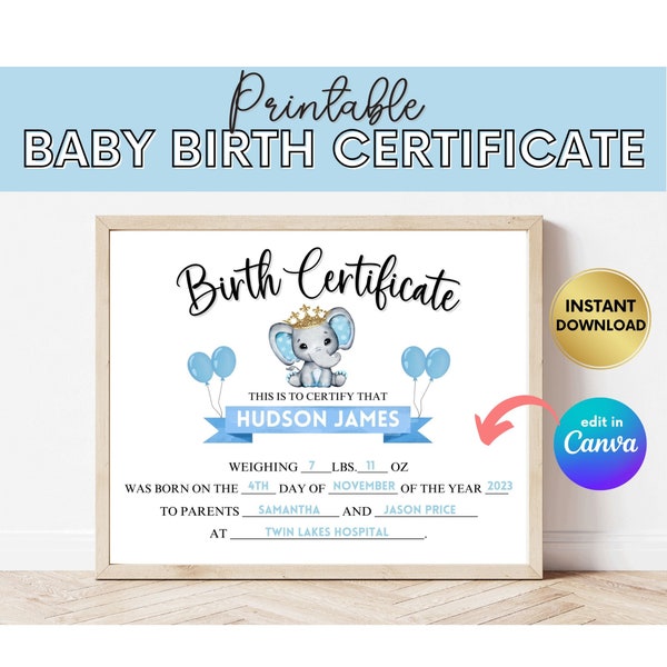 Printable Baby Birth Certificate, Baby Boy Certificate, Newborn Certificate, Custom Certificate