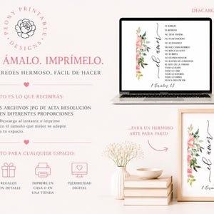May include: A digital download advertisement featuring a laptop and a framed print, both displaying a floral design and text from 1 Corinthians 13. The advertisement includes text in Spanish, promoting printable art for home decor.