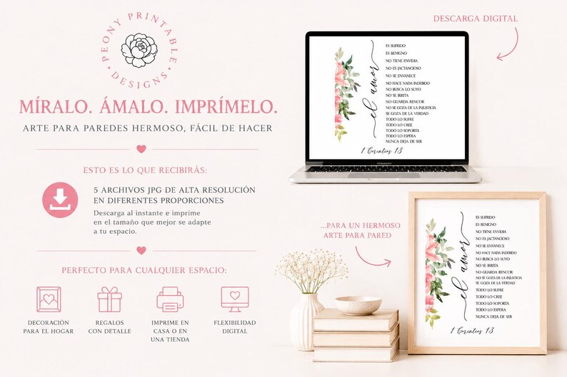 May include: A digital download advertisement featuring a laptop and a framed print, both displaying a floral design and text from 1 Corinthians 13. The advertisement includes text in Spanish, promoting printable art for home decor.