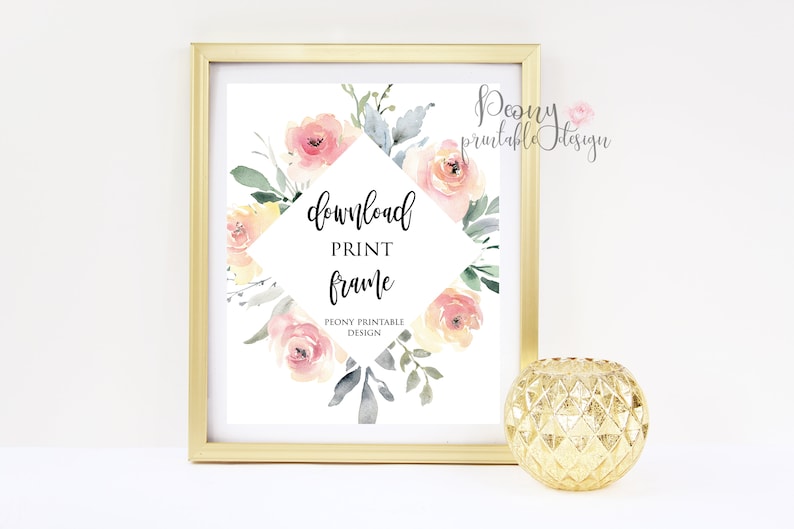 May include: A printable floral design with the text "download print frame" in a diamond shape. The design features pink and yellow flowers with green leaves on a white background.