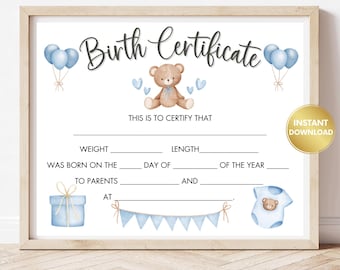 Printable Baby Boy Birth Certificate: Keepsake Certificate (PDF)