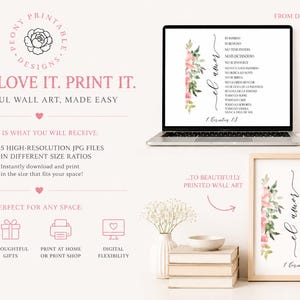 May include: A digital art print displayed on a laptop and in a framed print. The artwork features floral accents and text in Spanish. The image also includes text that reads "See it. Love it. Print it." and "Beautiful wall art, made easy."