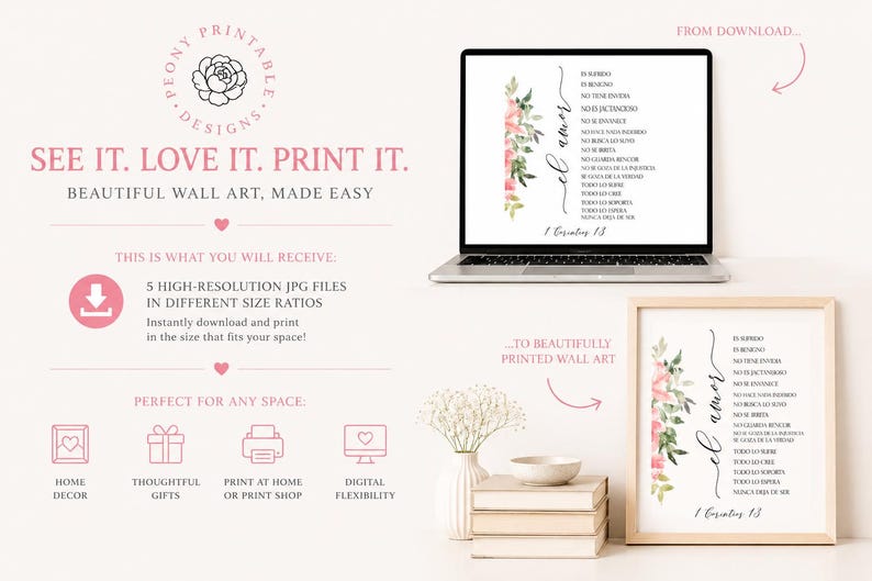 May include: A digital art print displayed on a laptop and in a framed print. The artwork features floral accents and text in Spanish. The image also includes text that reads "See it. Love it. Print it." and "Beautiful wall art, made easy."