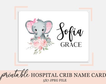Baby Girl Elephant Hospital Crib Card: Printable Name Sign (5x7 JPEG)