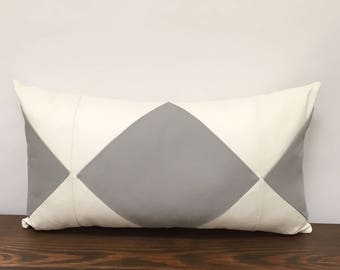 Gray and White Lumbar Pillow Cover with Phillip Lim Fabric, Geometric Diamond Lumbar Pillow, Midcentury Modern, Traditional Decor Cushion