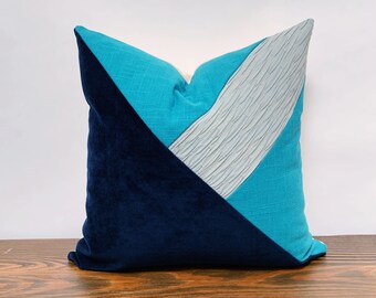 Blue Textured Throw Pillow, Decorative Pillow, Linen Velvet and Ruched Turquoise and Blue Cushion Cover, Color Block Modern