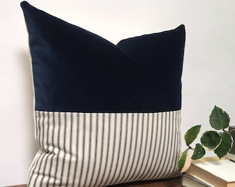 Navy Velvet Color Block Pillow Cover, French Stripe, Handmade