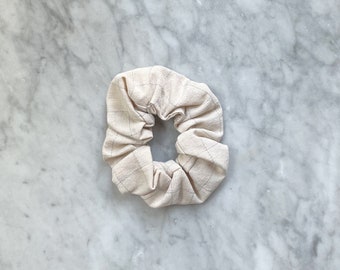 Raw Linen Scrunchie Beige Cream Tan Scrunchie Grid Pattern Scrunchie Light Blue Stripes Windowpane Scrunchie Hair Tie Cream Blue Hair Tie