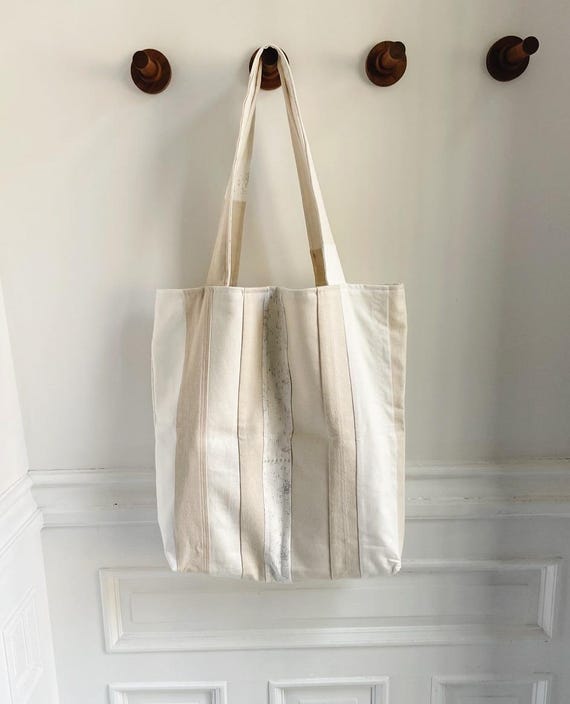 White Stripe Tote Bag, Beige Tan Tote, Light Tote Bag Lined Market